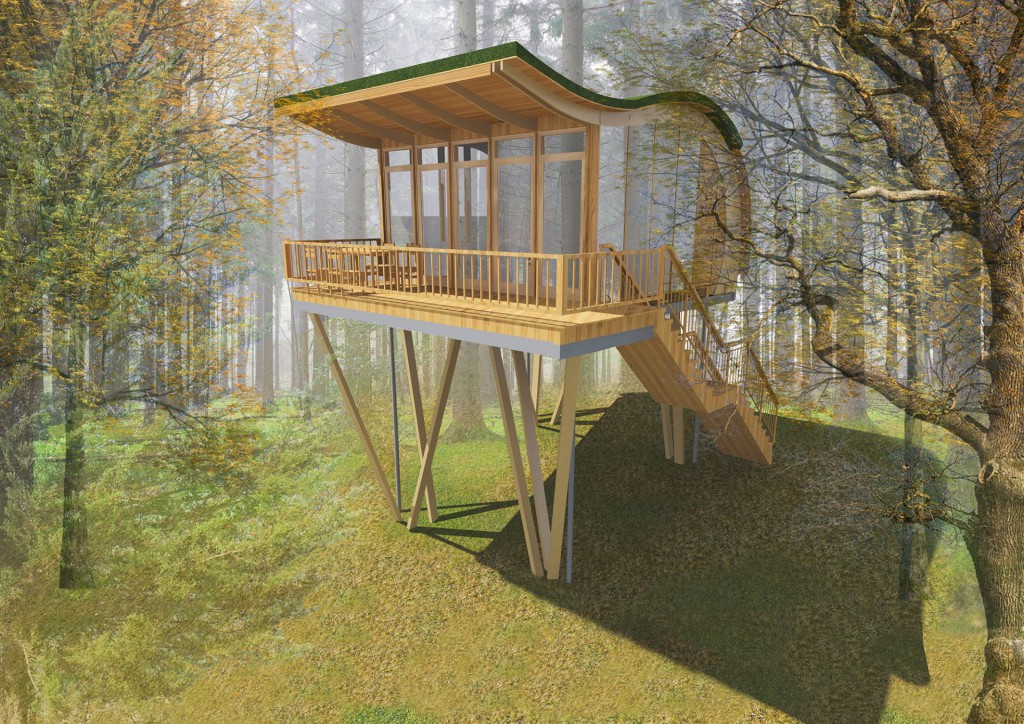 sonnenresort ETTERSHAUS - Baumhaus Elvis mit gro&szlig;er Terrasse und Blick &uuml;ber die Baumkronen [Quelle: sonnenhotels - Architektenentwurf]
